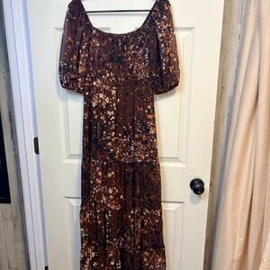Francesca's Audrey Parks Floral Maxi Dress Brown Smocked Puff Sleeve Size S
